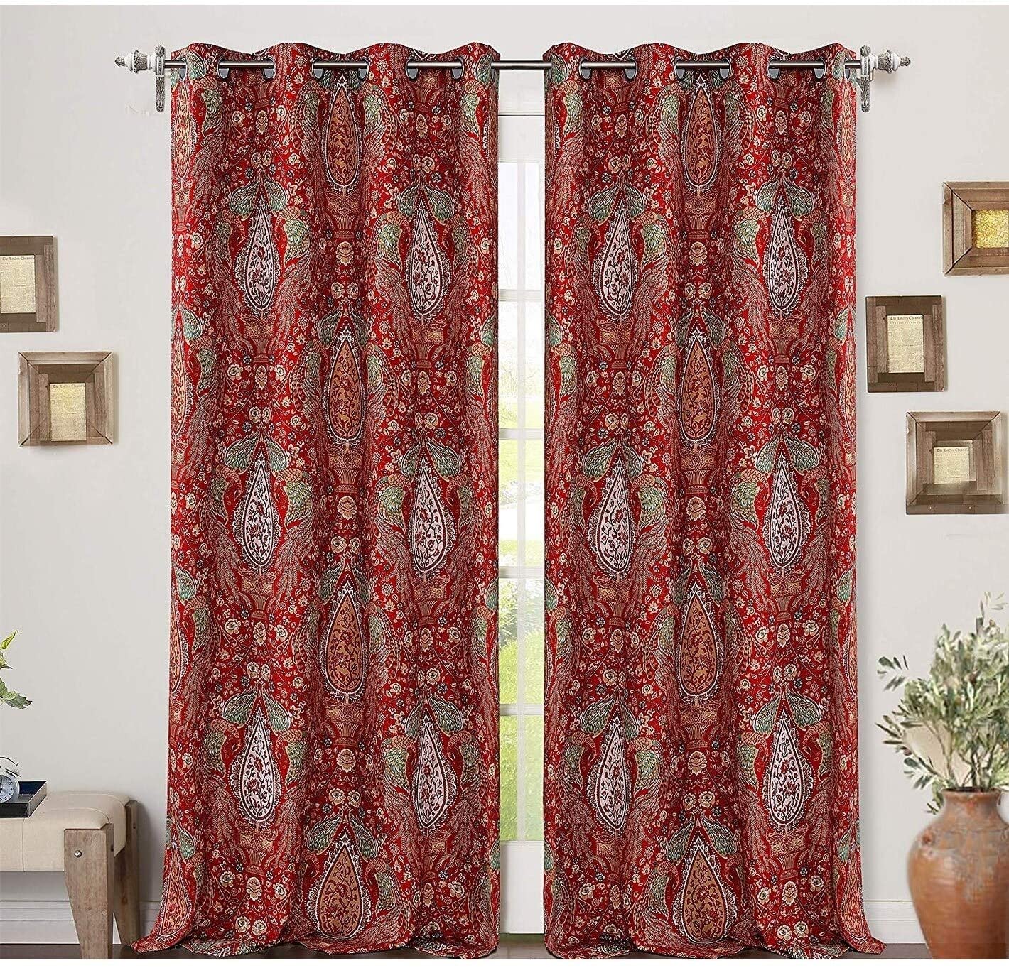 MISC Peacock Floral Pattern Blackout Window Curtain Grommet 2 Layers Panels 52' Width X 84' Length Red Animal French Country Polyester Thermal