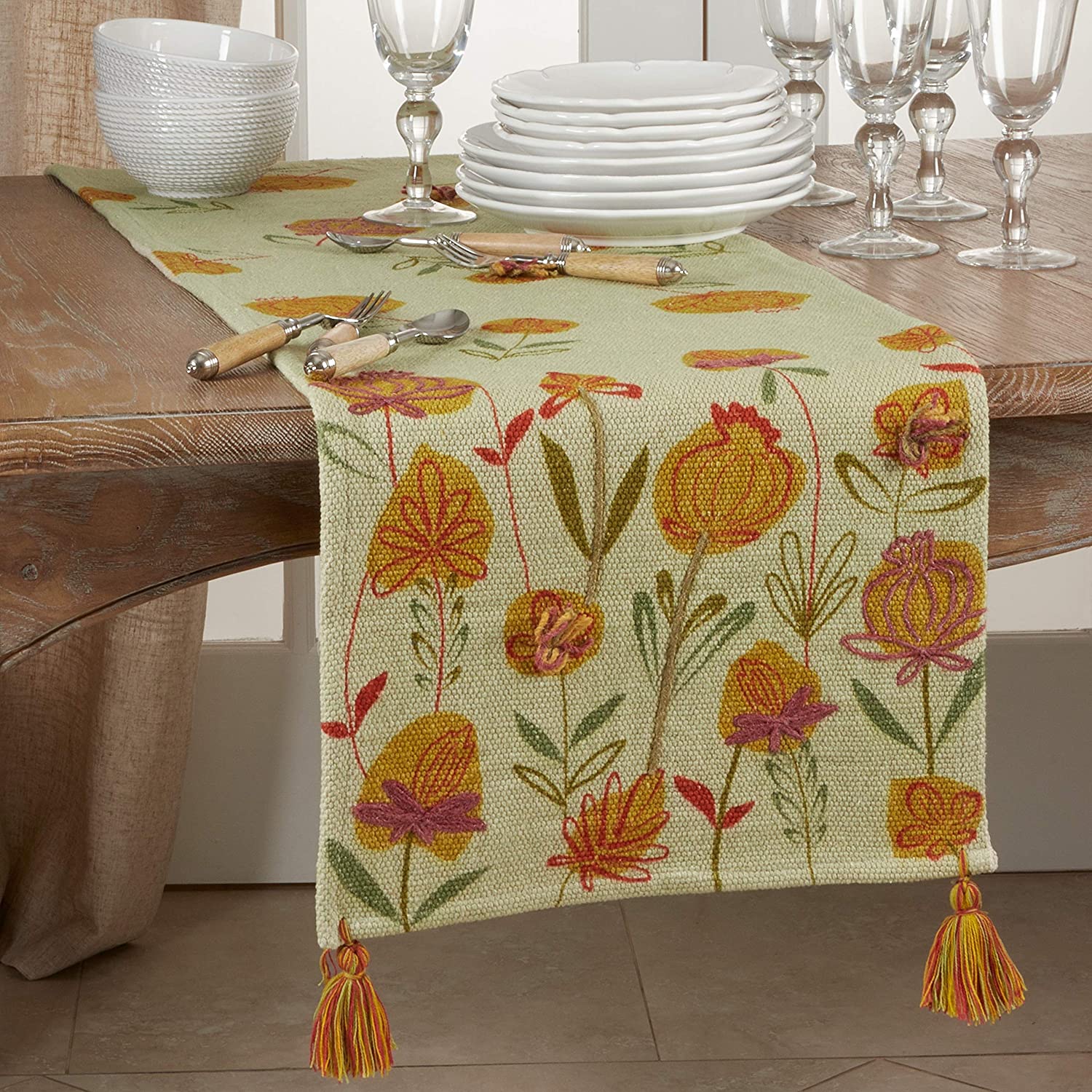 MISC Embroidered Flowers Design Table Runner Green Cotton