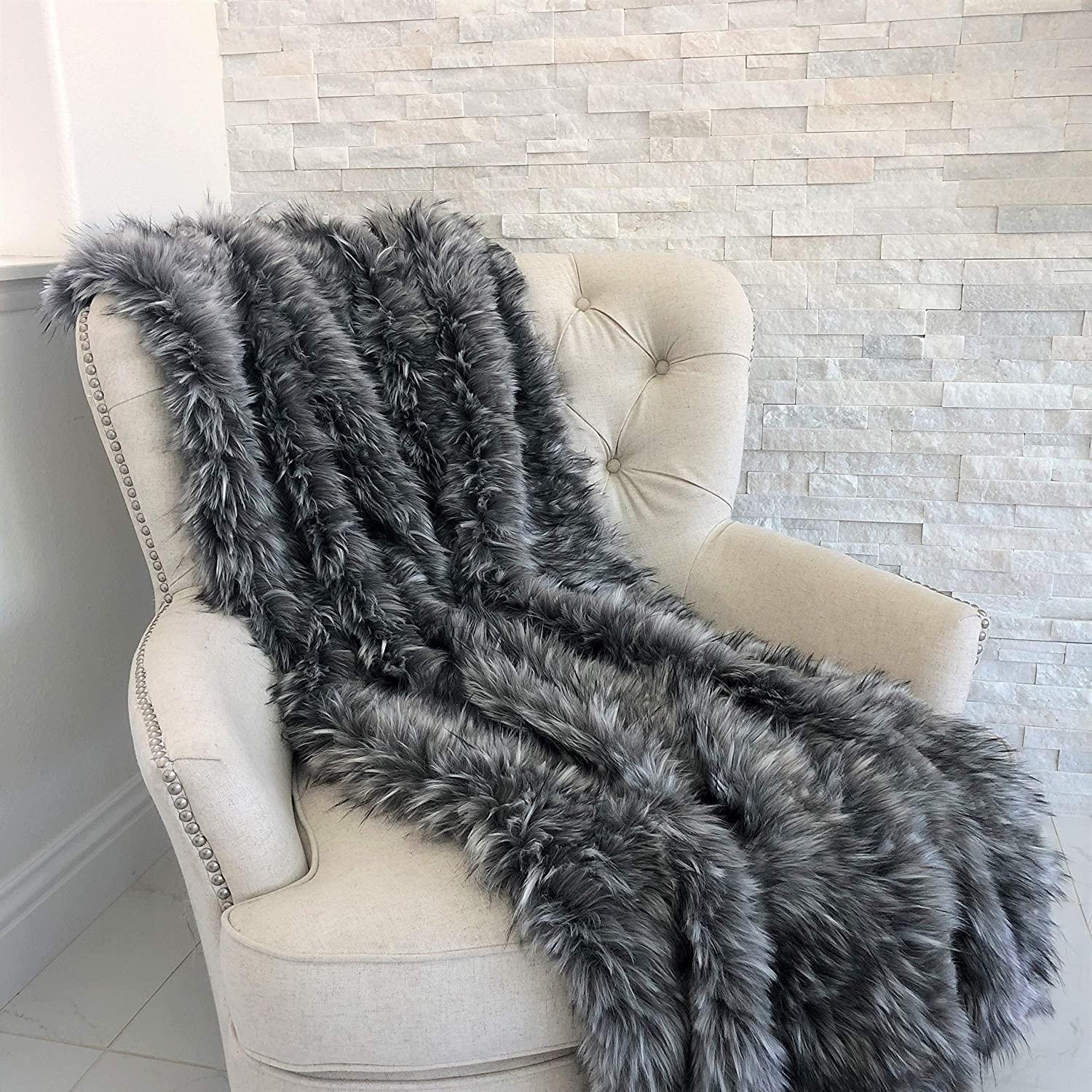 Wolf Faux Fur Grey Luxury Throw Animal Mid Century Modern Made USA