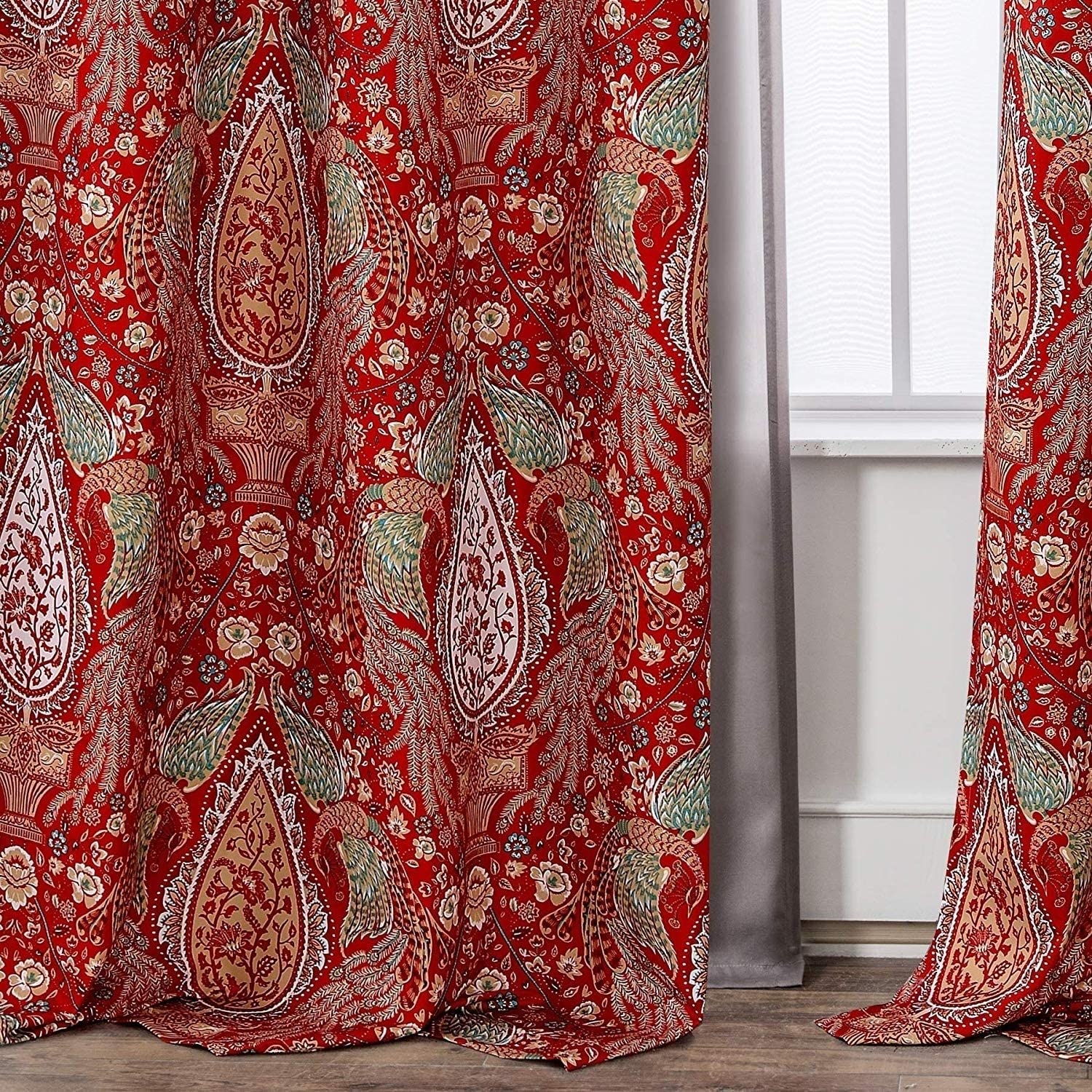 MISC Peacock Floral Pattern Blackout Window Curtain Grommet 2 Layers Panels 52' Width X 84' Length Red Animal French Country Polyester Thermal