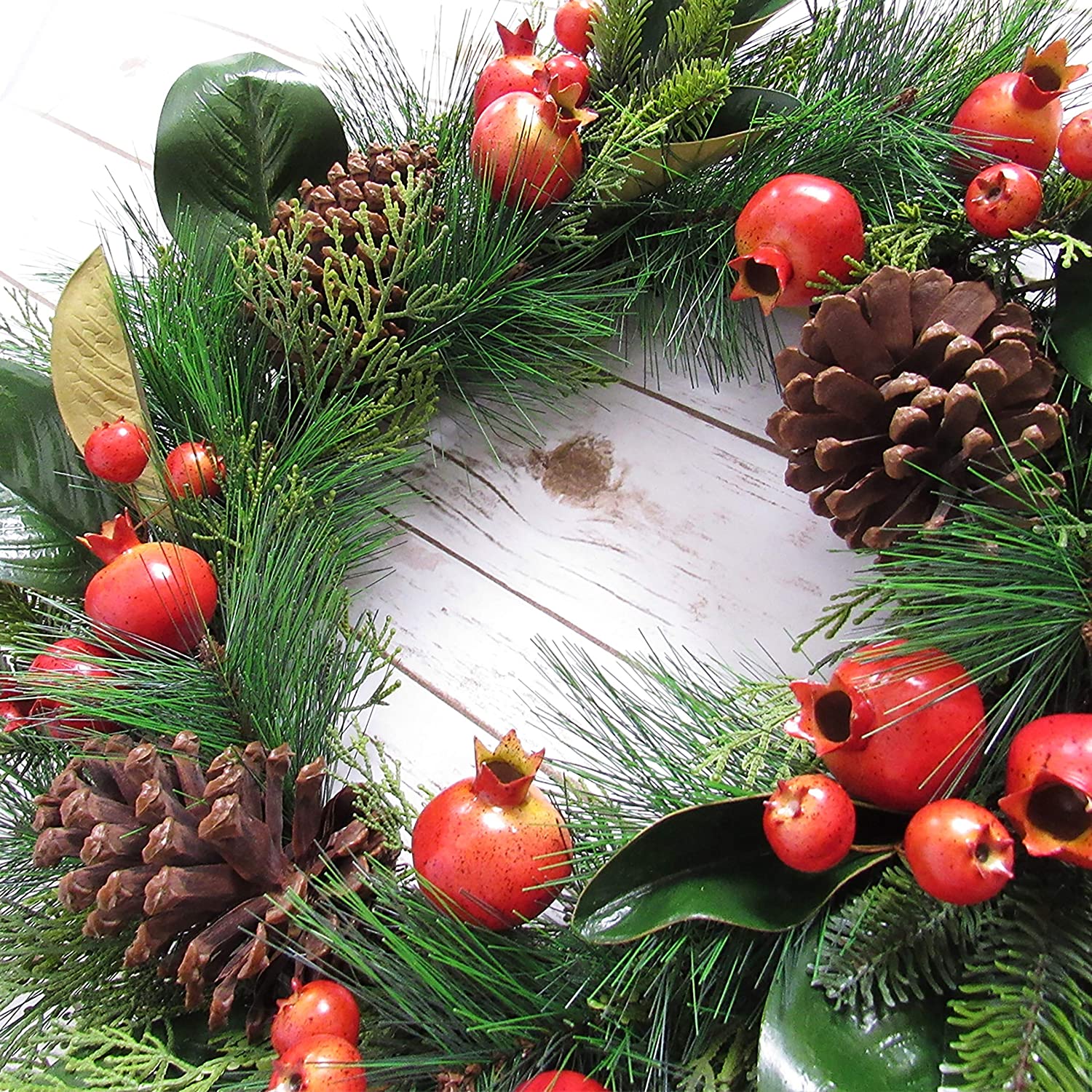 Mixed Pomegranate Pine Cone Magnolia Leaf Wreath 24in Red Green 24