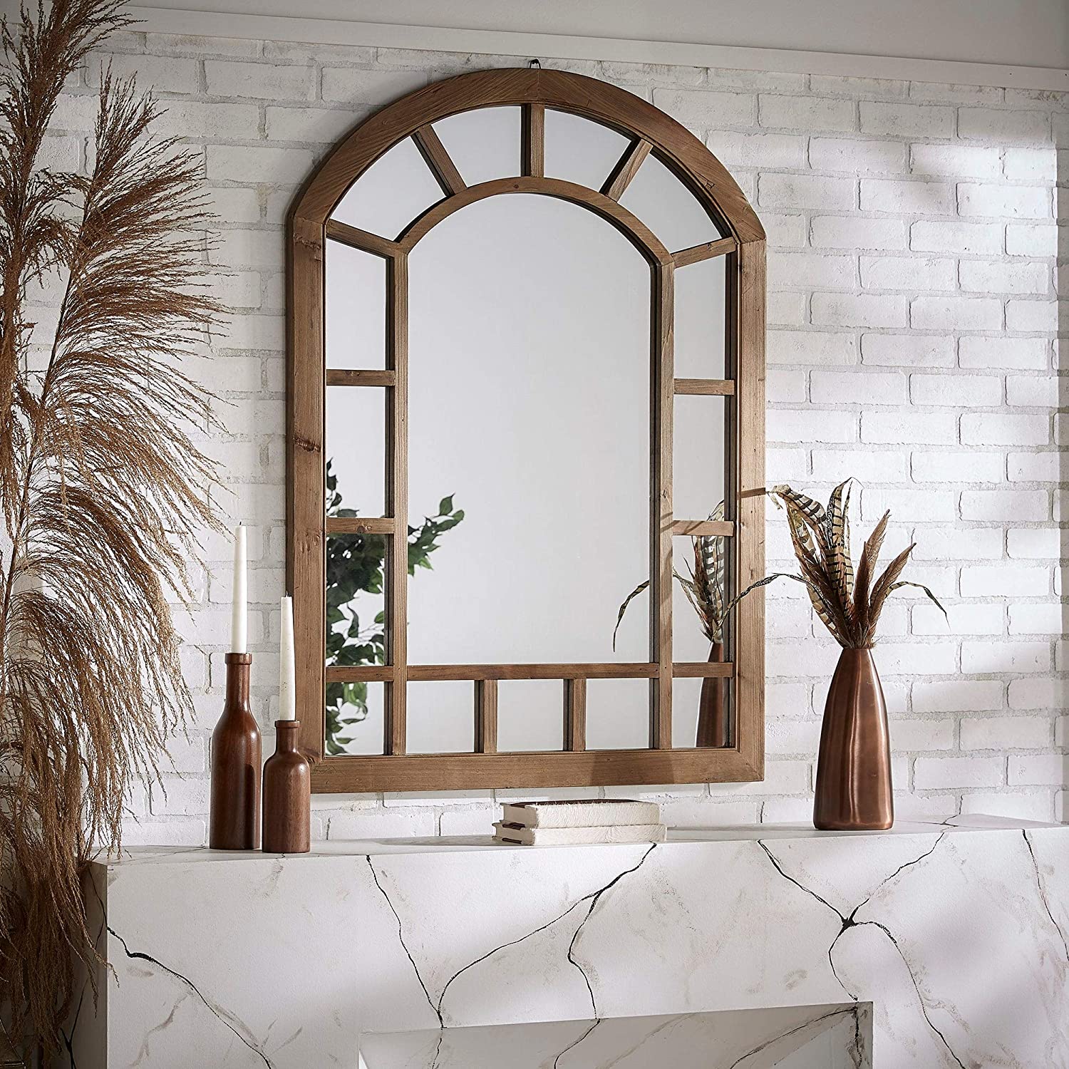 Unknown1 Wood Arched Windowpane Wall Mirror Artisan Brown Rustic Includes Hardware