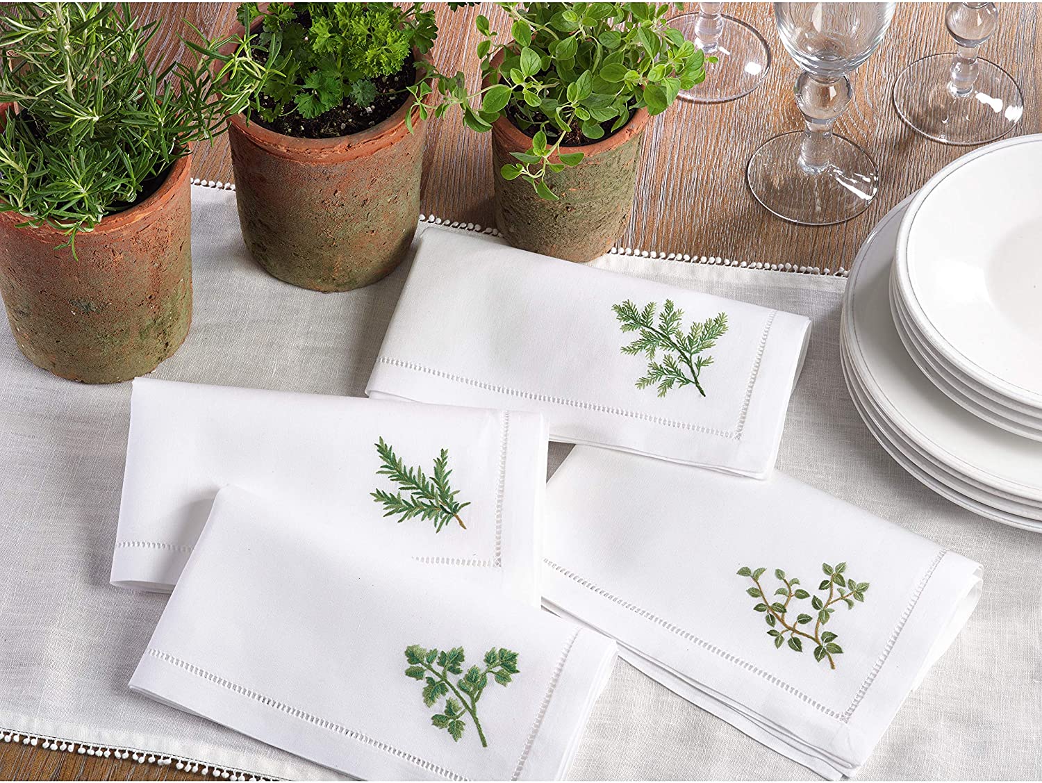 Unknown1 Parsley Embroidered Hemstitched Cotton Napkin (Set 6) White Solid Country Farmhouse Rustic Square