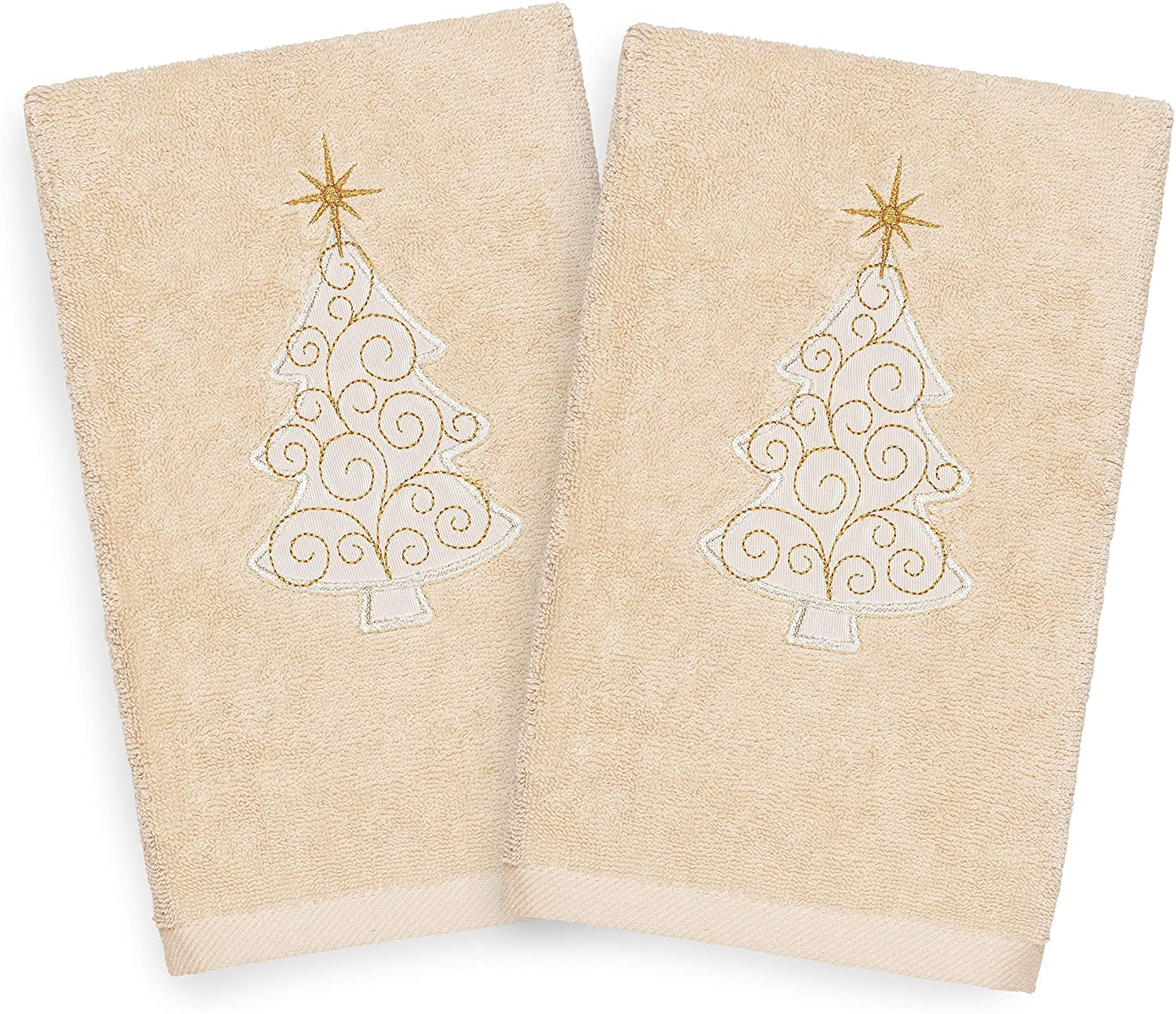 Turkish Cotton Christmas Scroll Tree Beige Set 2 Hand Towels Brown Gold Terry Cloth Embroidered