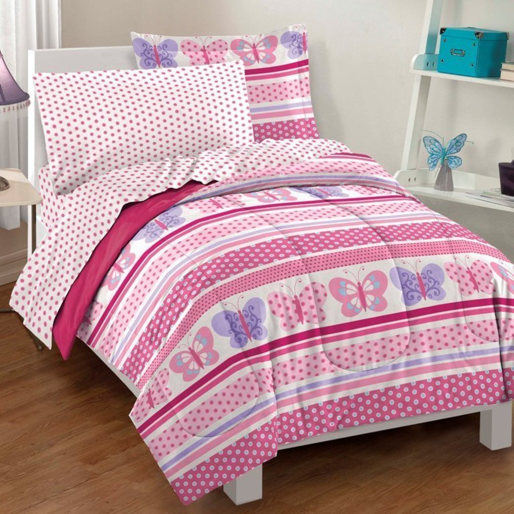 Girls Butterfly Themed Comforter Set Pretty Butterflies Polka Dot Striped Bedding Horizontal Polkadot Stripes Girly Cheerful Fun Soft Light