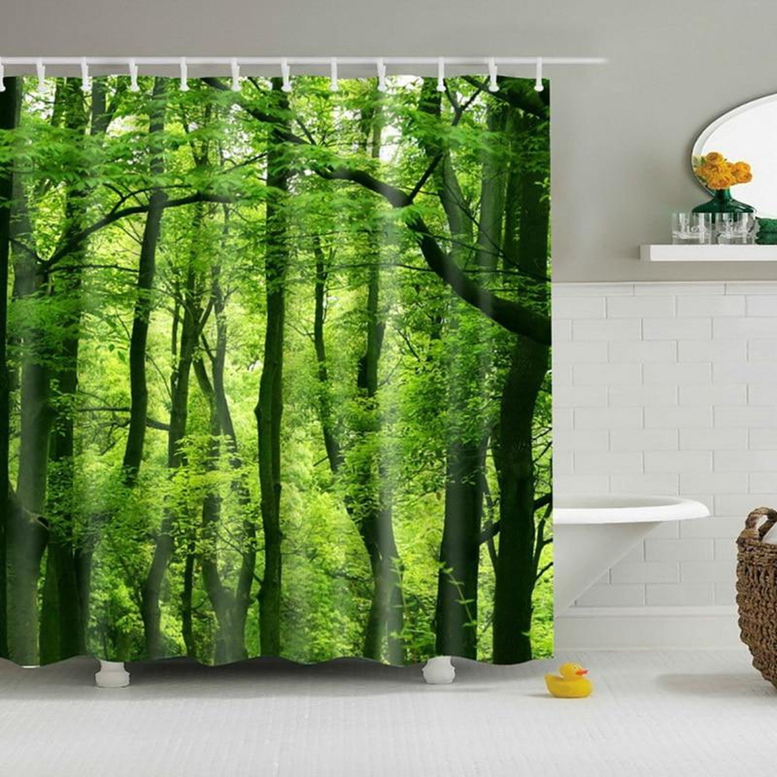 Butterfly Tree Bathroom Fabric Shower Curtain With 12 Hooks Green Graphic Print Casual Polyester