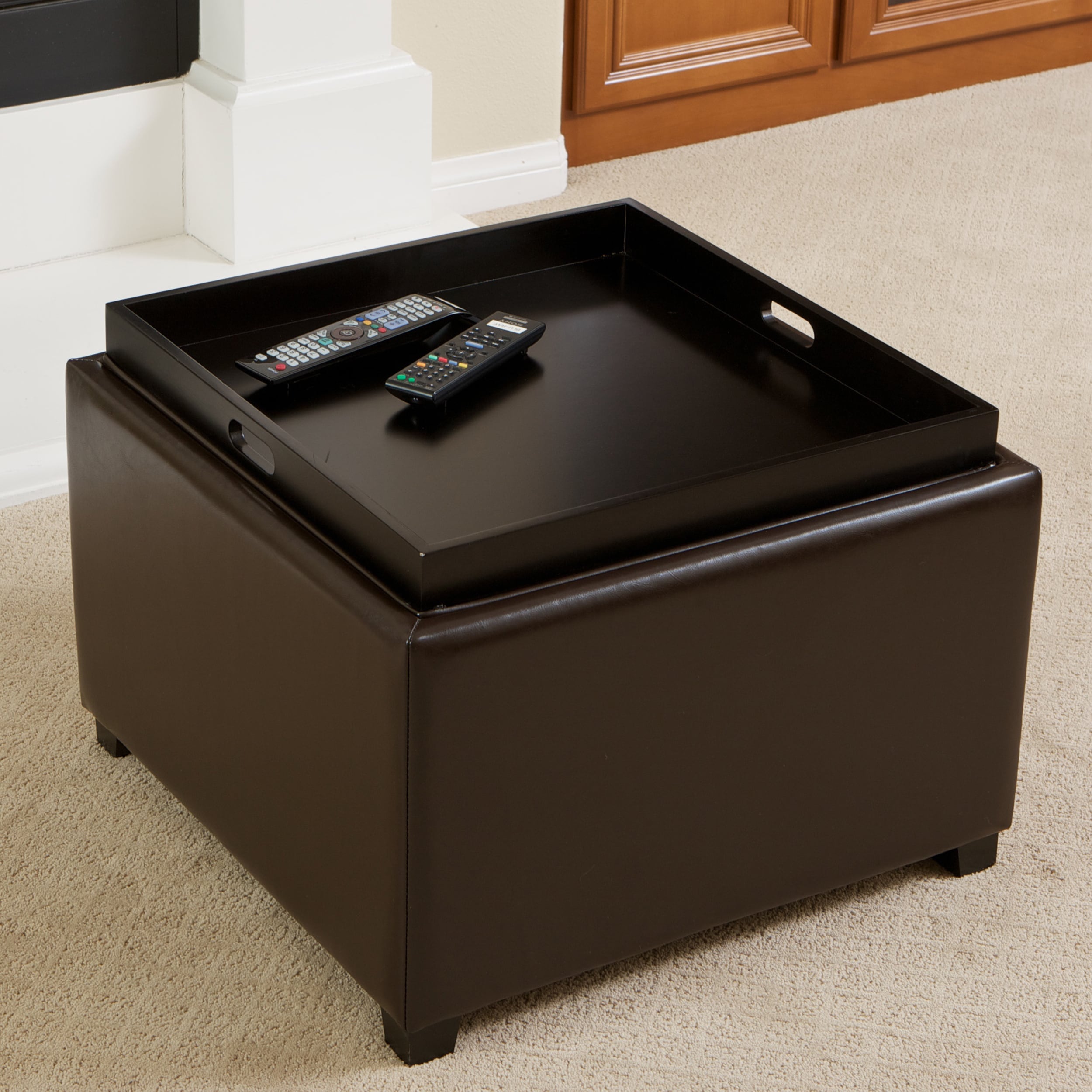 Wellington Bonded Leather Tray Top Ottoman by Brown Modern Contemporary Solid Square Wood Storage