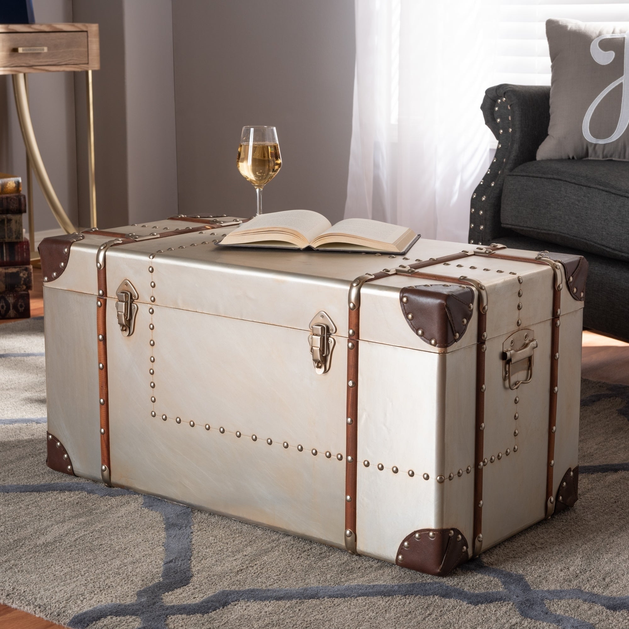 French Industrial Silver Metal Storage Trunk Solid Rectangle