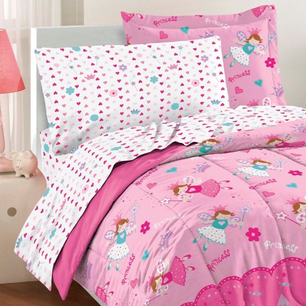 Girls Pink Magical Princess Themed Comforter Twin Set Cute Flying Fairies Bedding Castles Flowers Princesses Fairys Florals Hearts Stars Teal Blue