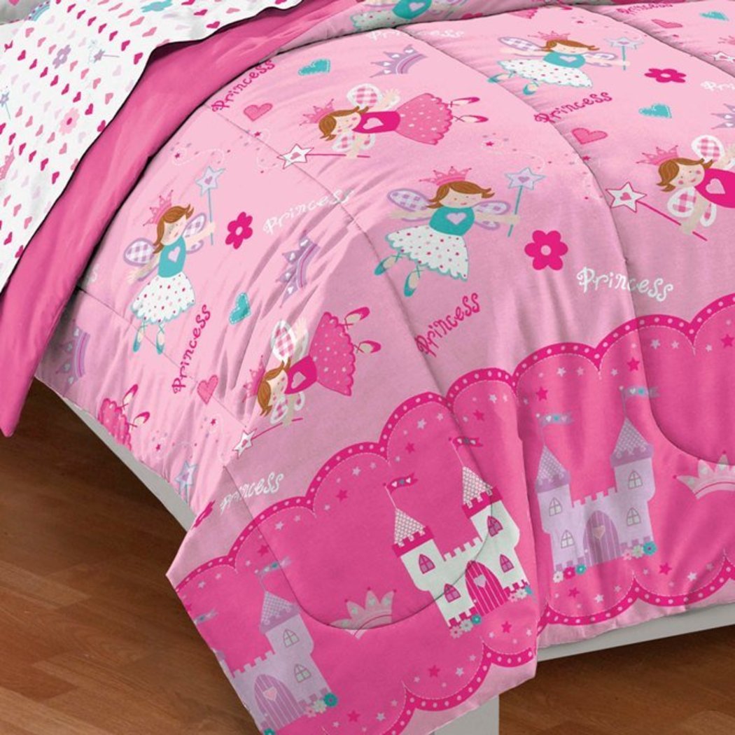 Girls Pink Magical Princess Themed Comforter Twin Set Cute Flying Fairies Bedding Castles Flowers Princesses Fairys Florals Hearts Stars Teal Blue