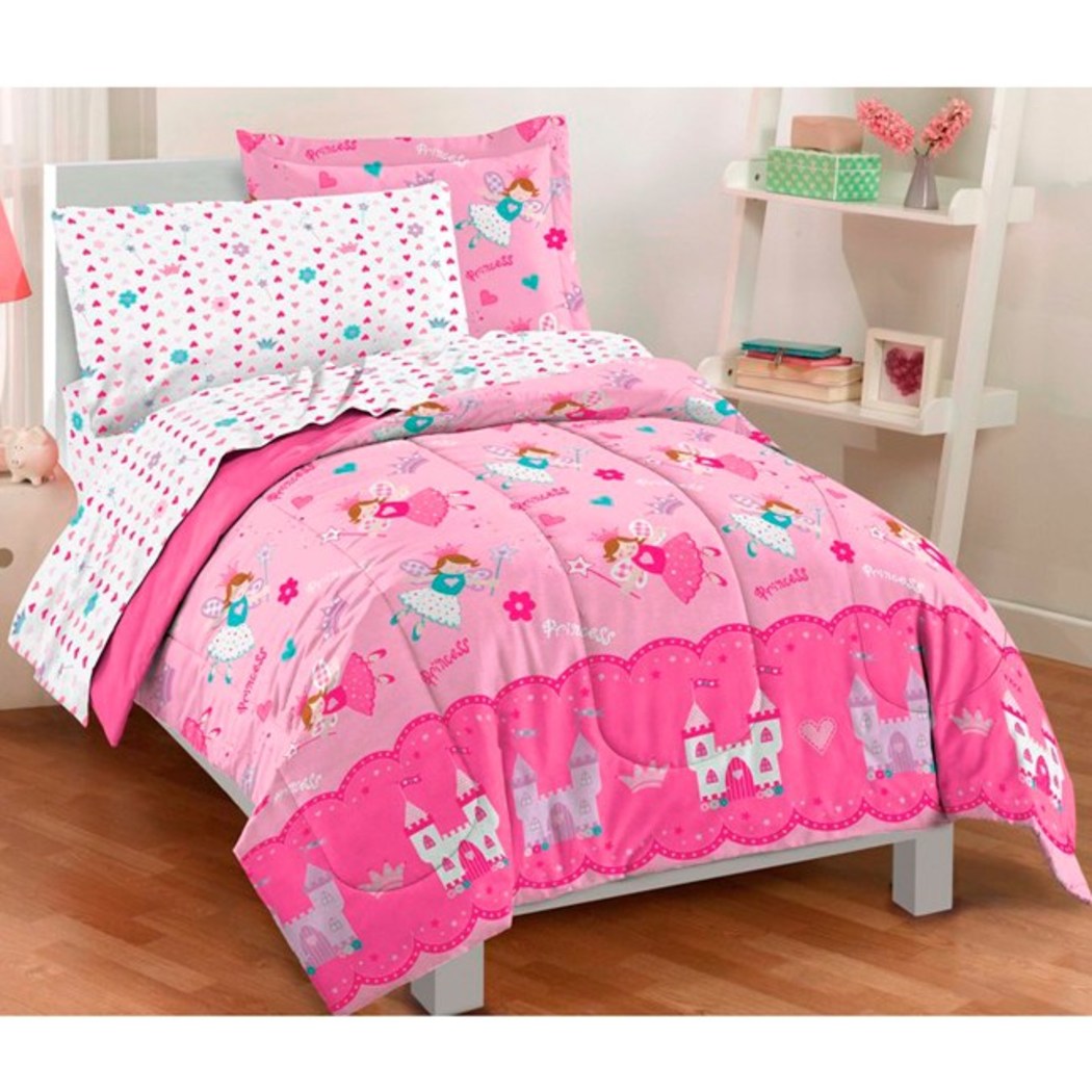 Girls Pink Magical Princess Themed Comforter Twin Set Cute Flying Fairies Bedding Castles Flowers Princesses Fairys Florals Hearts Stars Teal Blue