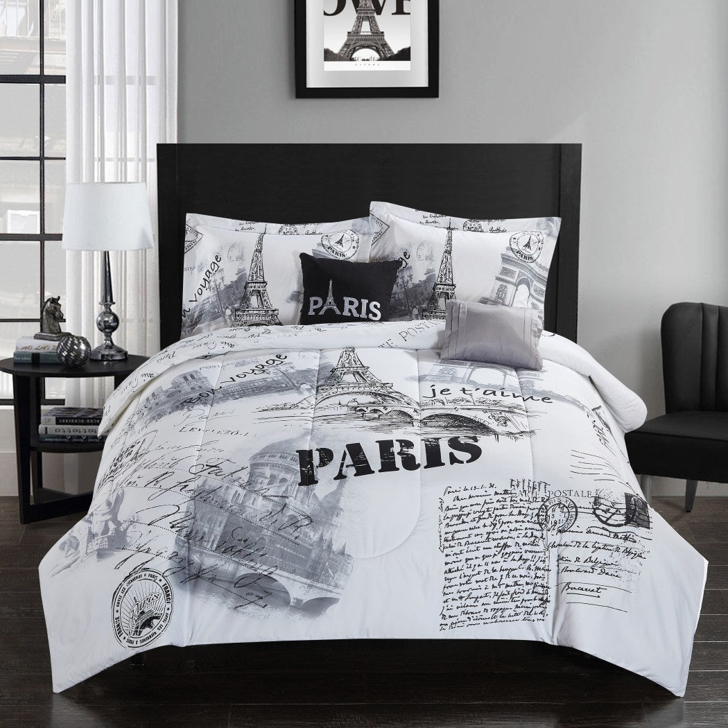 Ornamental Paris Comforter Set Milk Iconic Eiffel Tower Themed Cursive Script Classic Stamps Graphic Pattern Adult