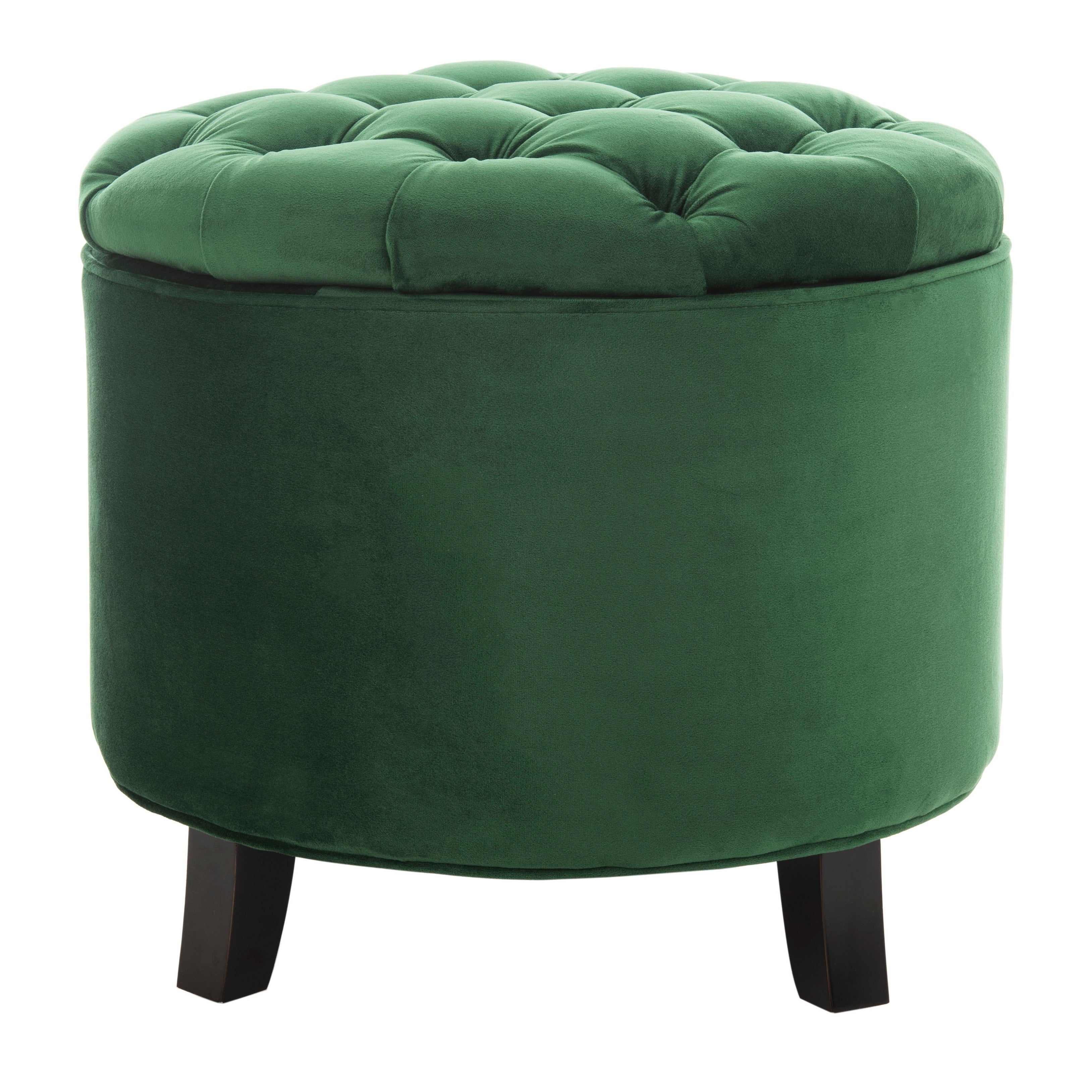 Amelia Emerald Tufted Storage Ottoman Green French Country Shabby Chic Solid Round Oak Upholstered Velvet