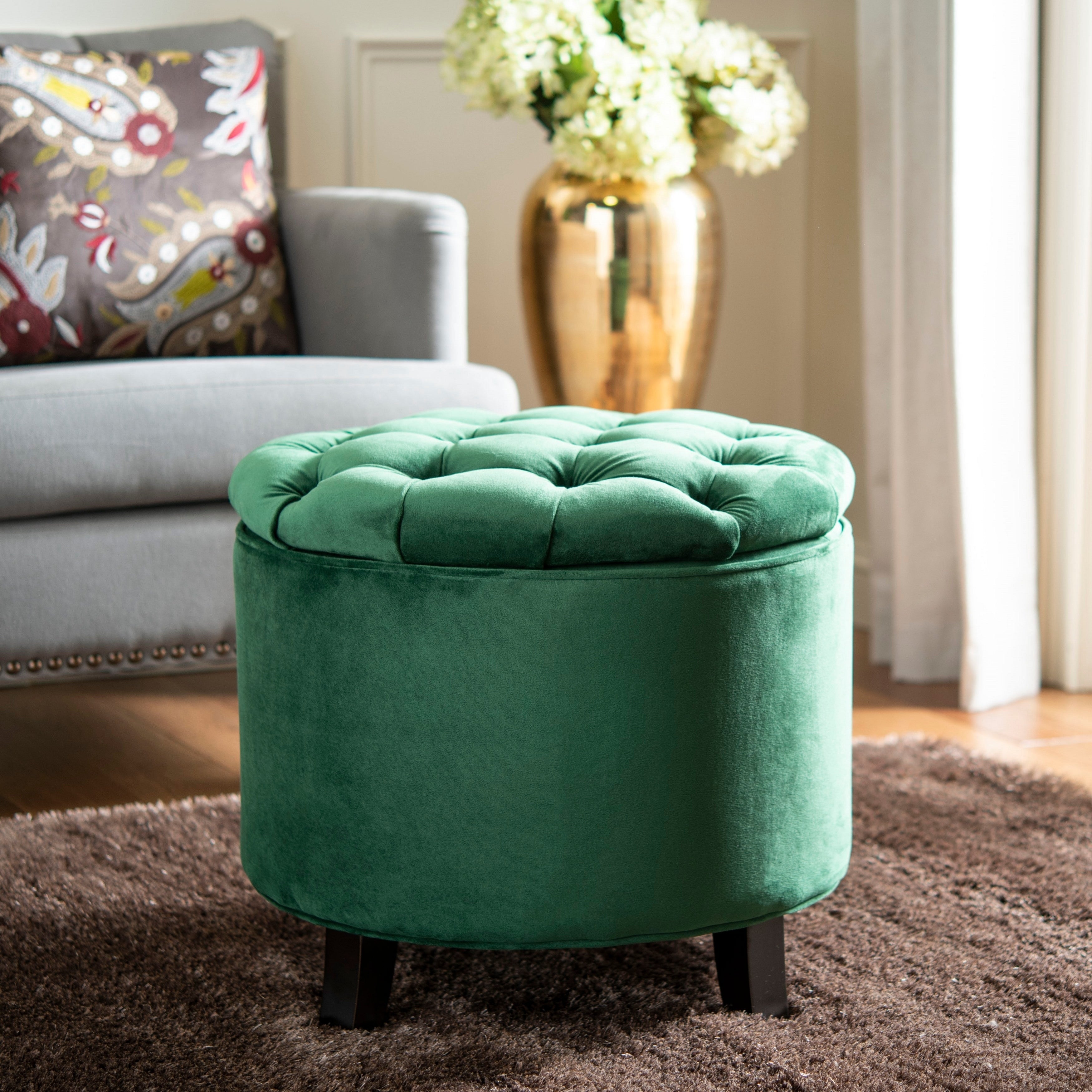 Amelia Emerald Tufted Storage Ottoman Green French Country Shabby Chic Solid Round Oak Upholstered Velvet