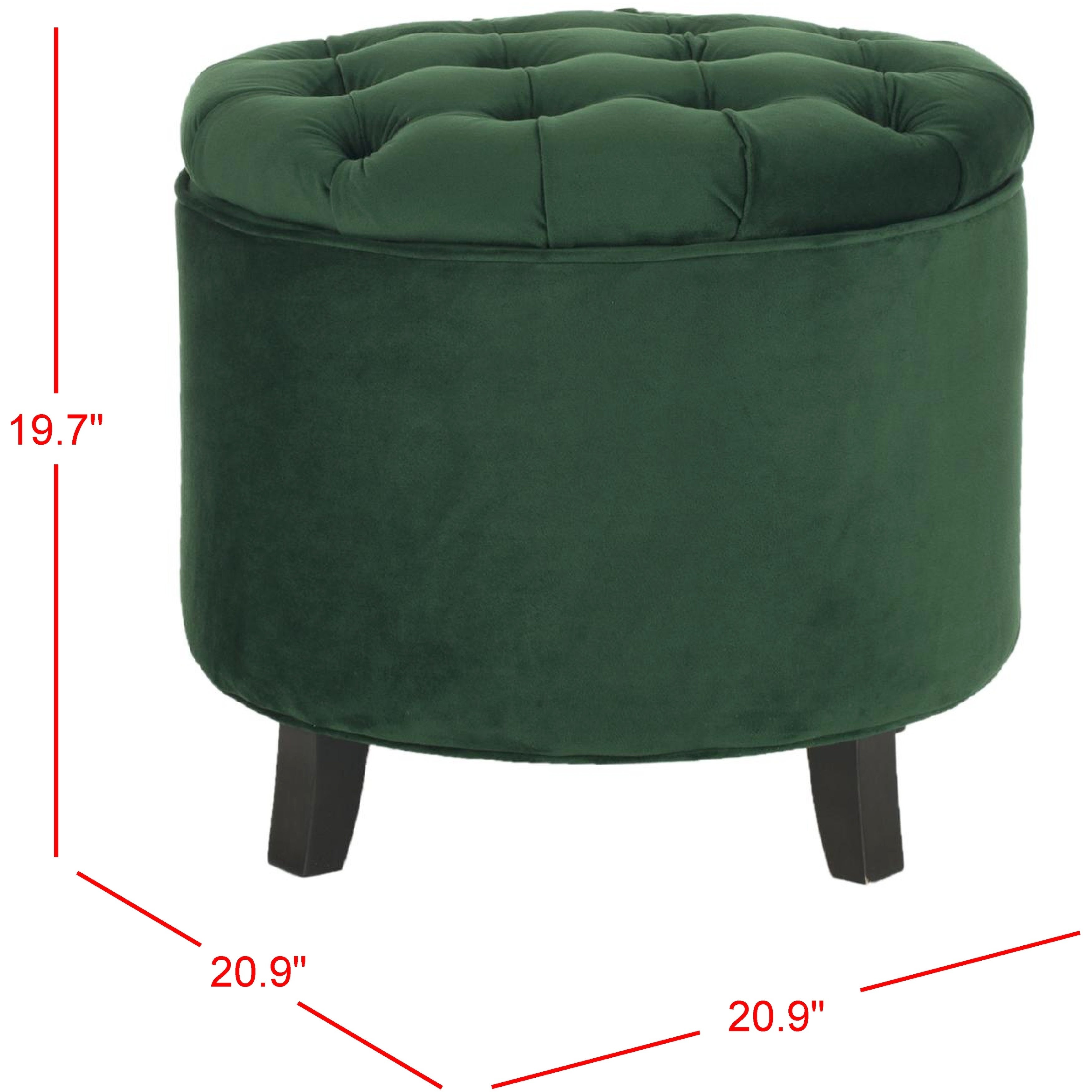 Amelia Emerald Tufted Storage Ottoman Green French Country Shabby Chic Solid Round Oak Upholstered Velvet