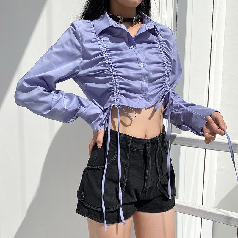 Aesthetic White Blue Ruched Long Sleeve Crop Shirt