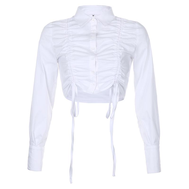 Aesthetic White Blue Ruched Long Sleeve Crop Shirt