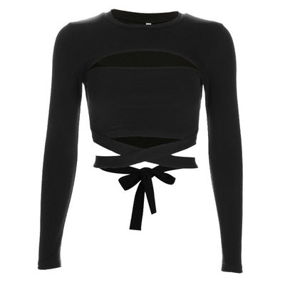 Black Aesthetic Cutout Straps Long Sleeved Crop Top
