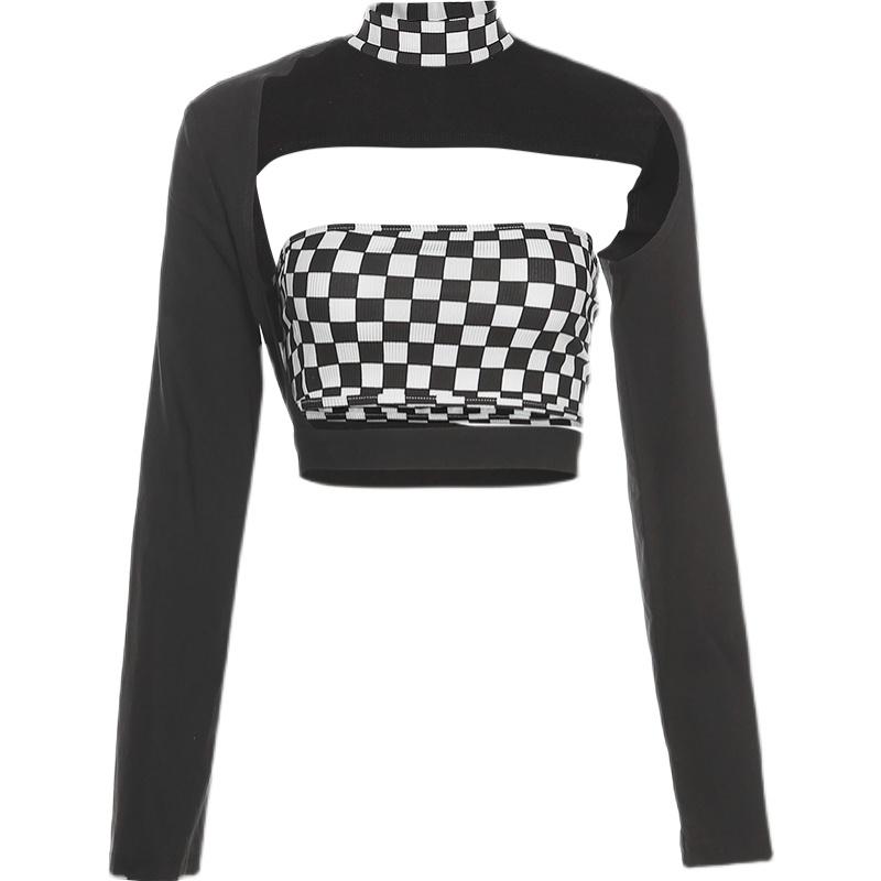 Black And White Long Sleeves Checkered Two Piece Tube Top