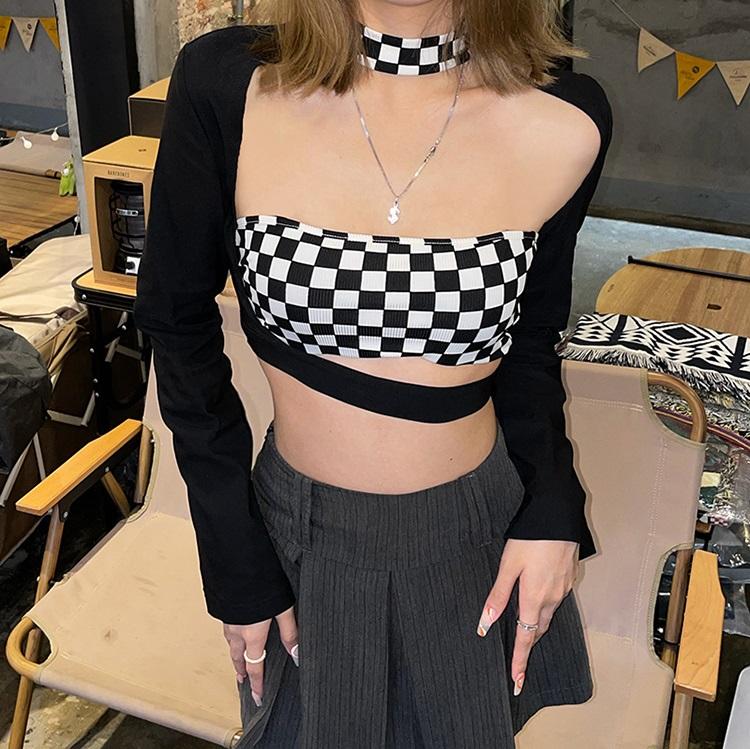 Black And White Long Sleeves Checkered Two Piece Tube Top