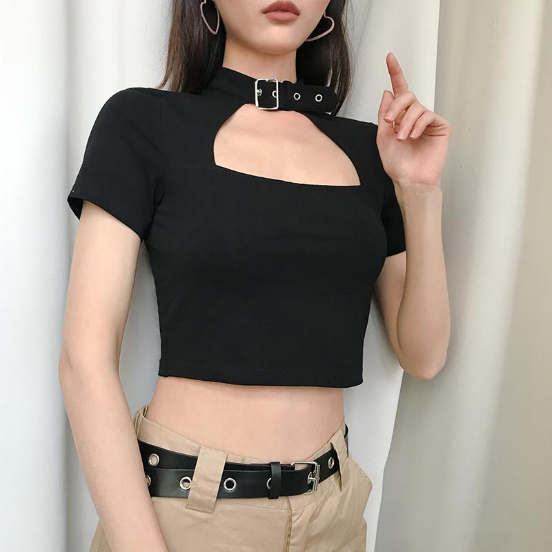 Black Hollow Out Belt Collar Cropped Top