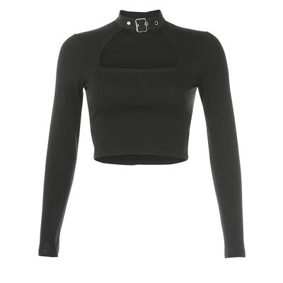 Black Hollow Out Belt Collar Long Sleeved Cropped Top