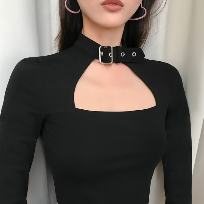 Black Hollow Out Belt Collar Long Sleeved Cropped Top