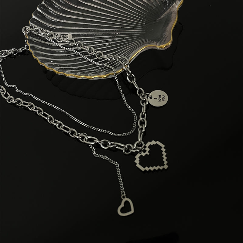 Black Pixel Heart Pendant Double Silver Chain Necklace