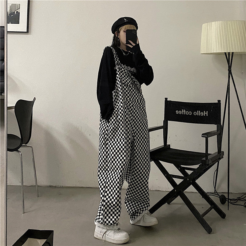 Checkered Skater Aesthetic Front Pocket Loose Overalls