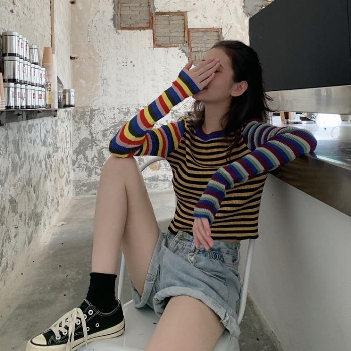 Colorful Stripes 90S Ribbed Long Sleeve Crop Top