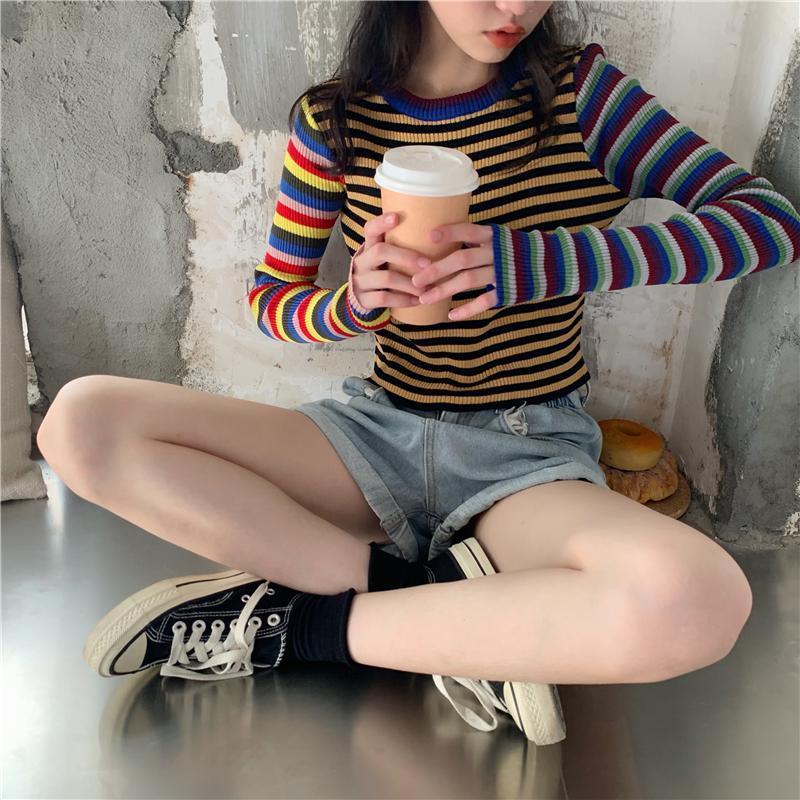 Colorful Stripes 90S Ribbed Long Sleeve Crop Top