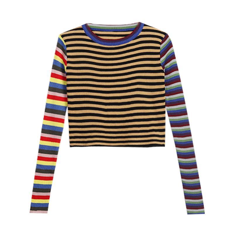 Colorful Stripes 90S Ribbed Long Sleeve Crop Top