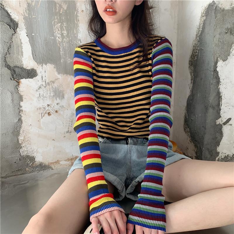 Colorful Stripes 90S Ribbed Long Sleeve Crop Top