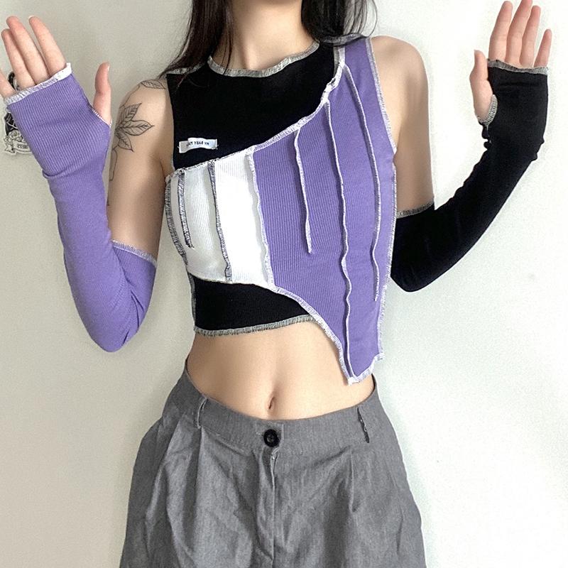Contrast Color Block Aesthetic Ribbed Crop Top + Sleeves