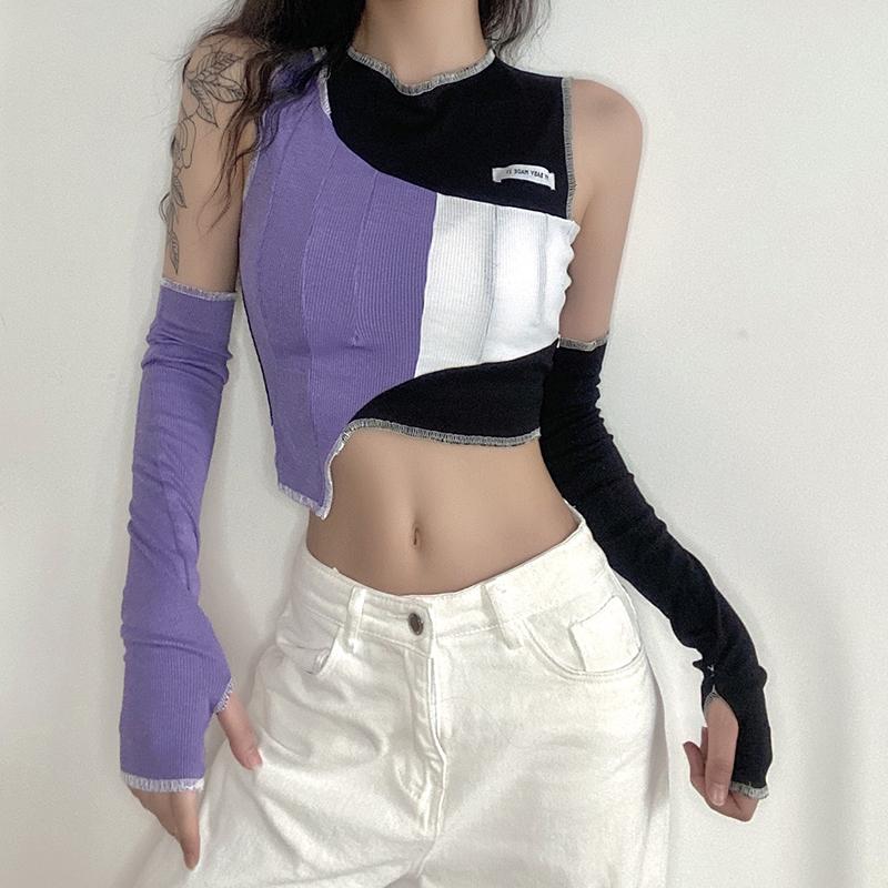 Contrast Color Block Aesthetic Ribbed Crop Top + Sleeves