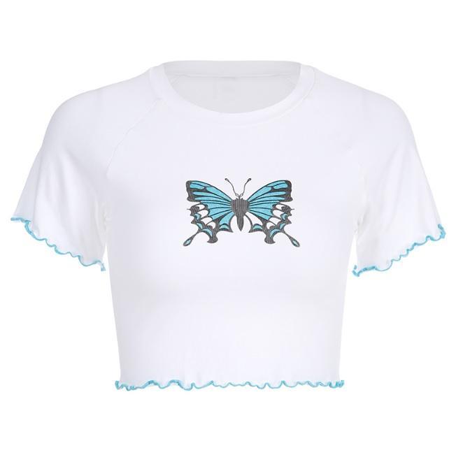 Cute Butterfly Print Ruffled Edges Slim White Crop Top