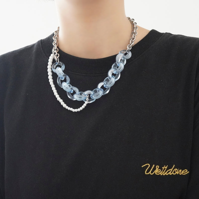 Egirl Aesthetic Blue Plastic Steel Pearls Chains Necklace