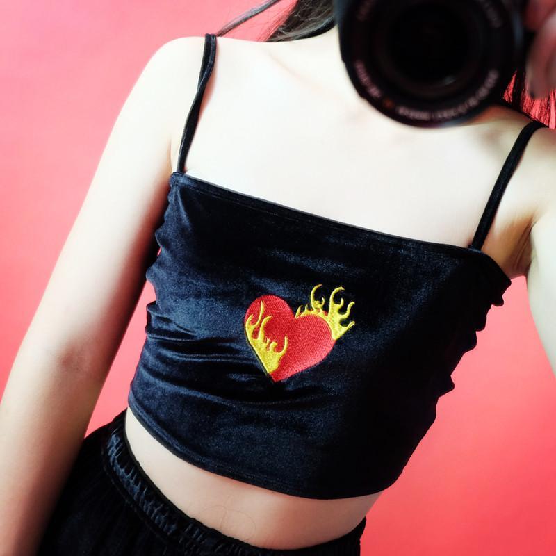 Heart On Fire Velvet Black Crop Top