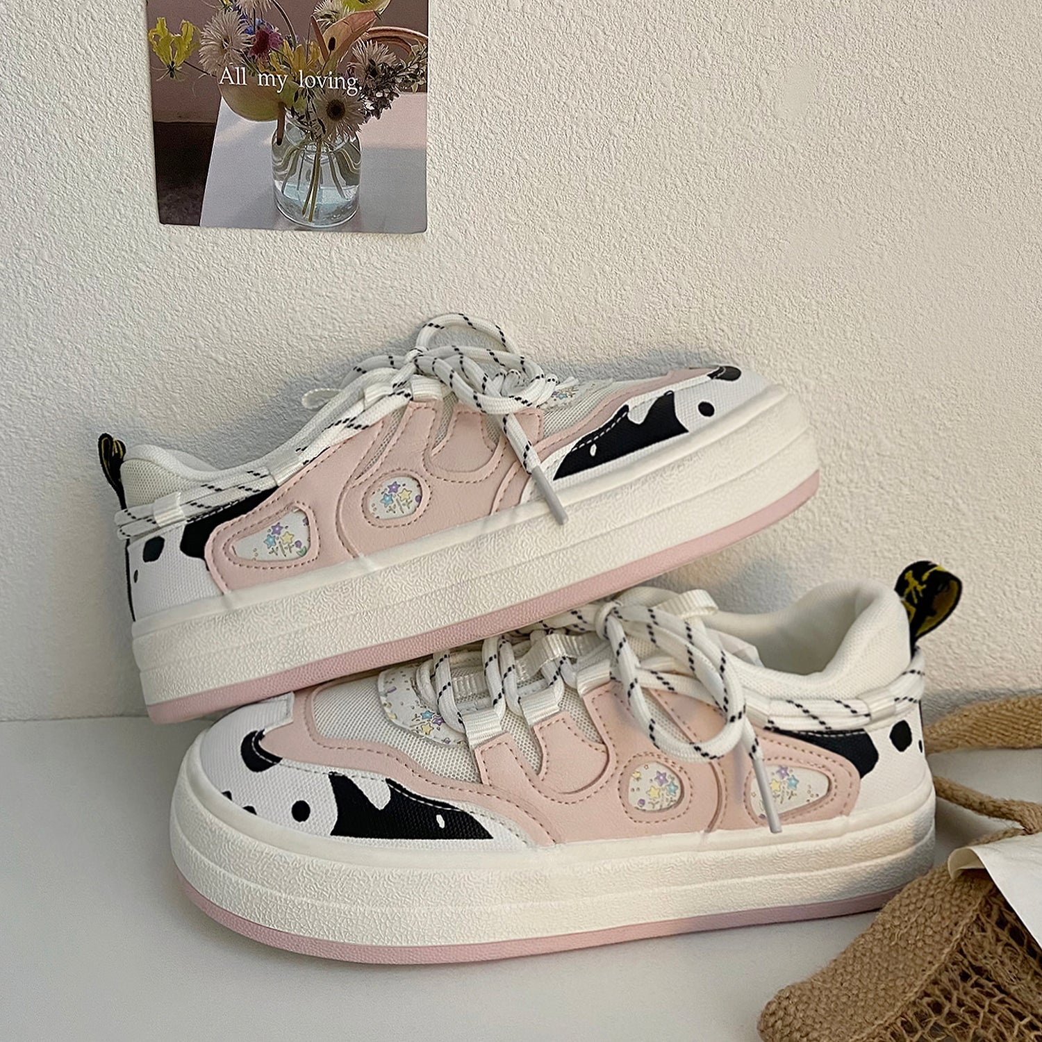 Pink White Cute Cow Print Harajuku Aesthetic Sneakers