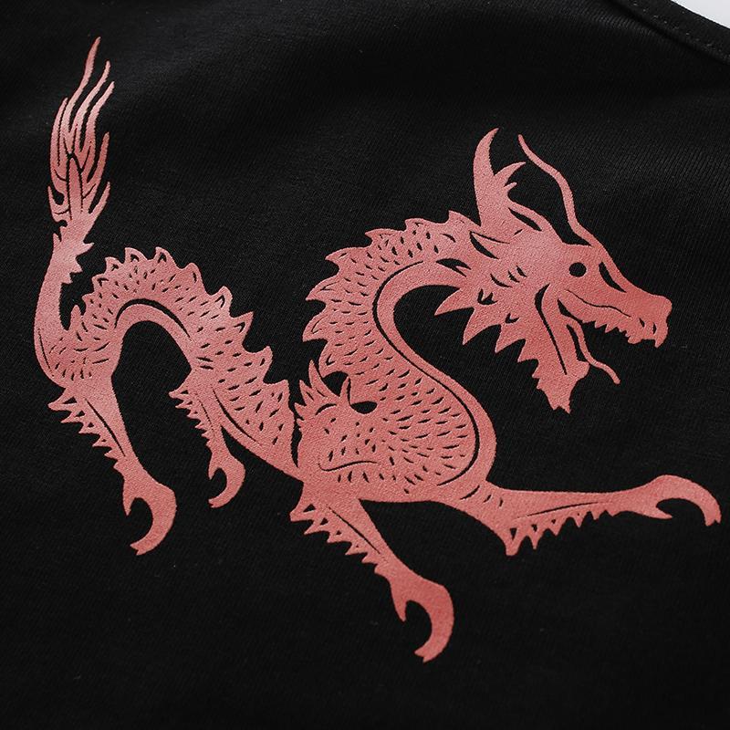 Red Chinese Dragons Print Sleeveless Black Crop Top