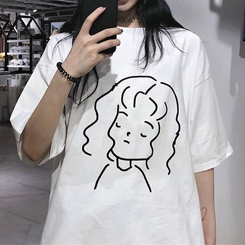 Sale Aesthetic Girl Print Loose Round Neck White T-Shirt