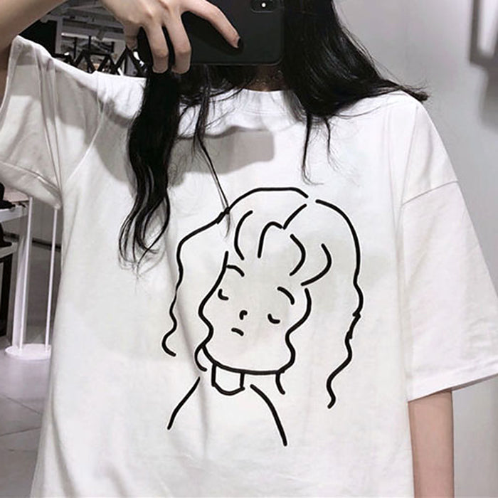 Sale Aesthetic Girl Print Loose Round Neck White T-Shirt