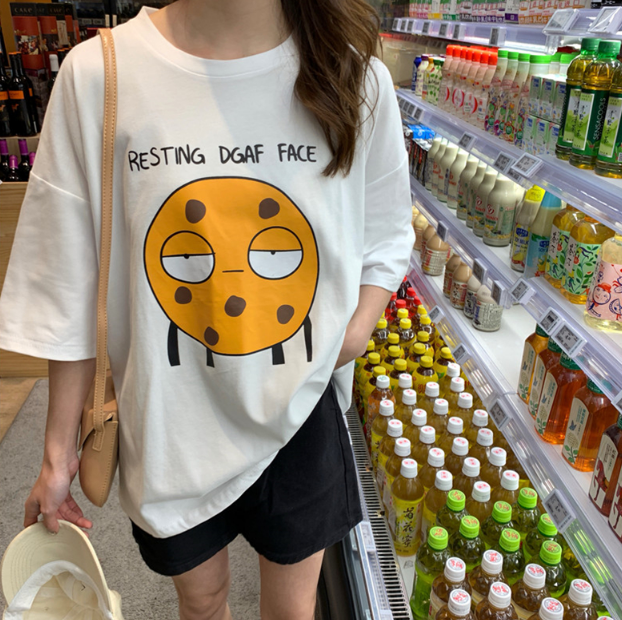 Sale Cookie Face Graphic Oversized White Tshirt