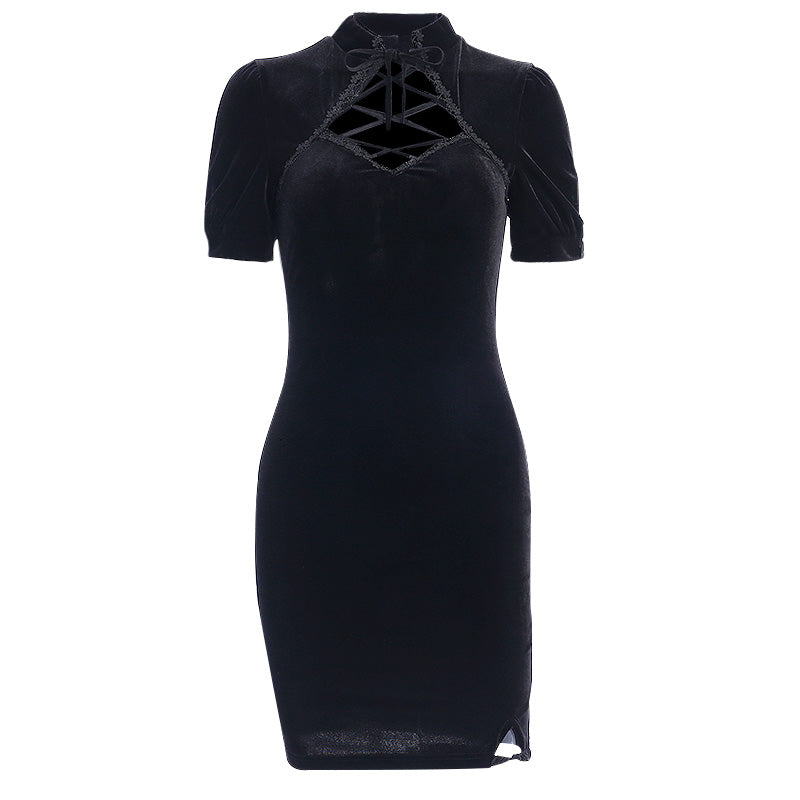 Sale Gothic Aesthetic Velour Short Sleeve Mini Black Dress