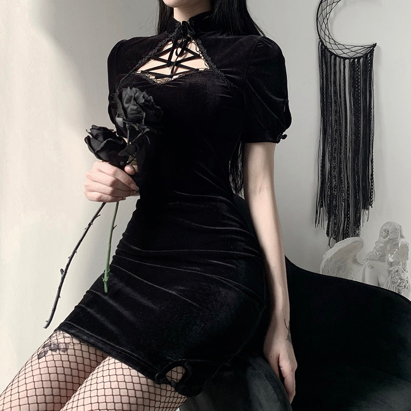 Sale Gothic Aesthetic Velour Short Sleeve Mini Black Dress