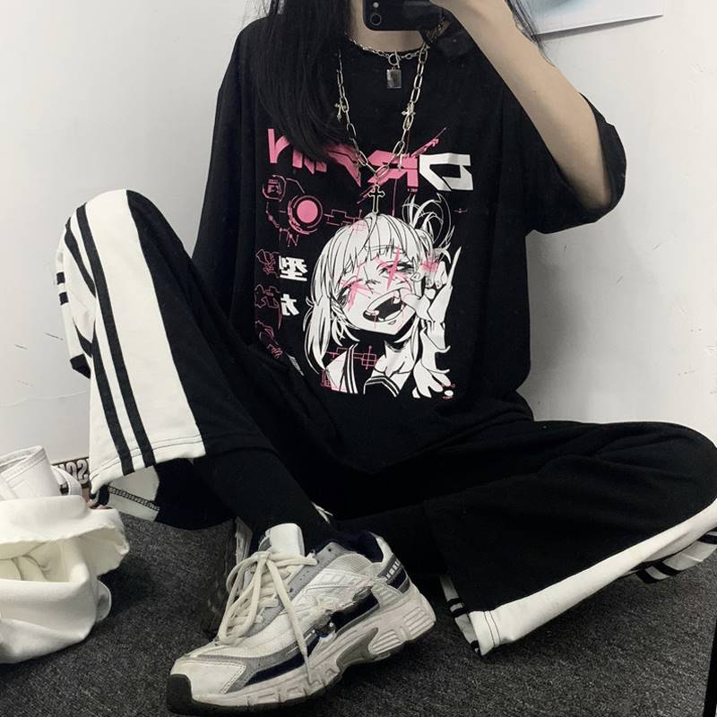 Sale Japanese Horror Anime Girl Print Loose Black T-Shirt