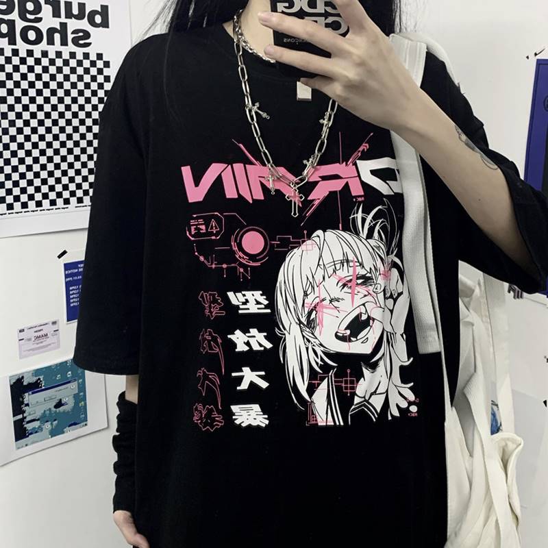 Sale Japanese Horror Anime Girl Print Loose Black T-Shirt