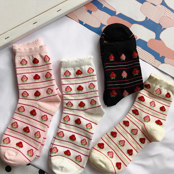 Sale Sweet Strawberry Thin Stripes Curly Edge Socks
