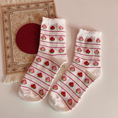 Sale Sweet Strawberry Thin Stripes Curly Edge Socks