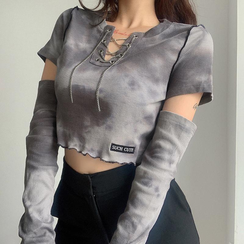 Tie Dye Print Chain Lace Up Ribbed Crop Top